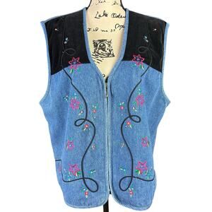 Napa Valley Denim Vest Women Sze XL Blue Embroidered Black Velour Yokes Full Zip